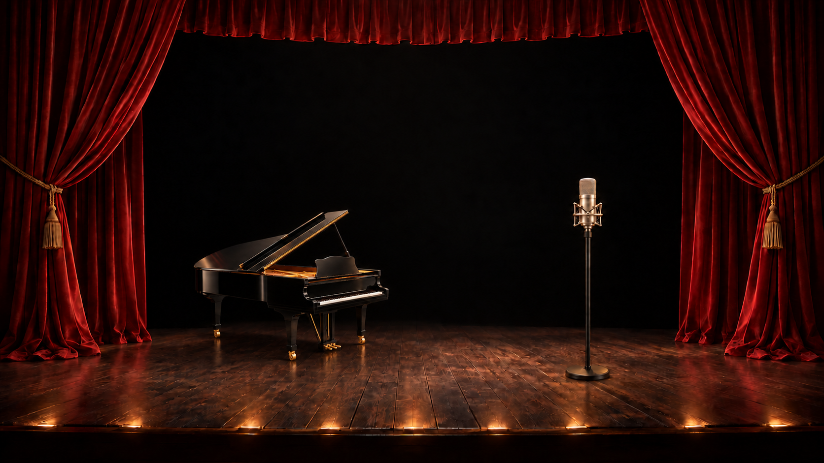 A black-and-gold grand piano and classic microphone resting on a warmly lit wooden stage, framed by stationary red curtains.